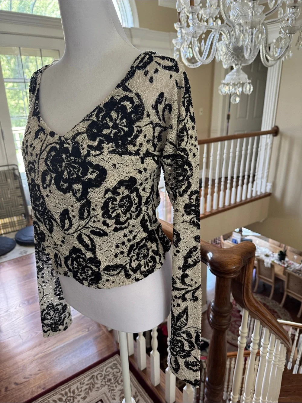 Free People Cream and Black Floral V-Neck Long Sleeve Top. Only worn once.